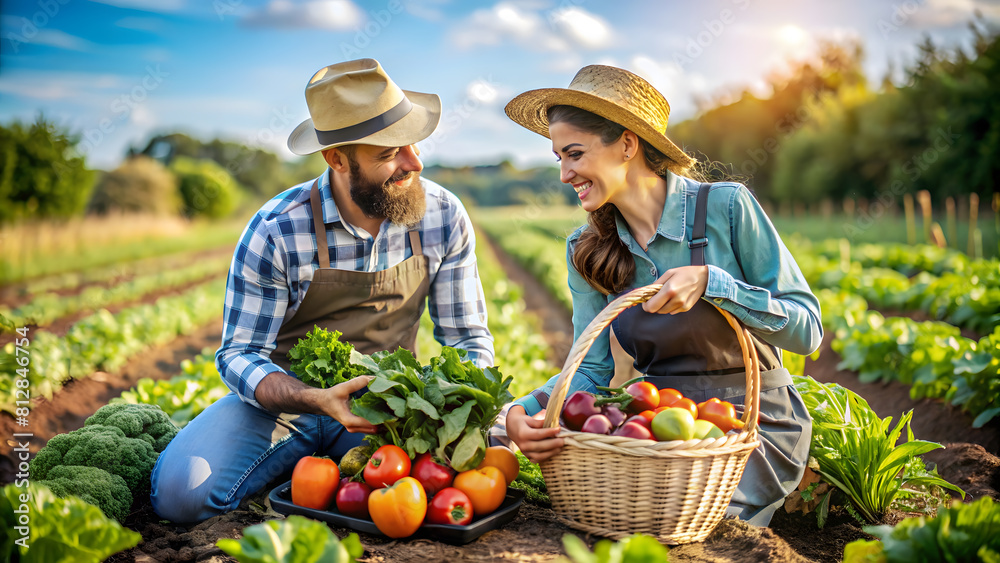 Rural Organic Farming: Couple Cultivating Sustainable Produce. Perfect for: Earth Day, World Environment Day, Agricultural Awareness Day, sustainable farming, organic agriculture. Rural Organic Farming: Couple Cultivating Sustainable Produce. Perfect for: Earth Day, World Environment Day, Agricultural Awareness Day, sustainable farming, organic agriculture.