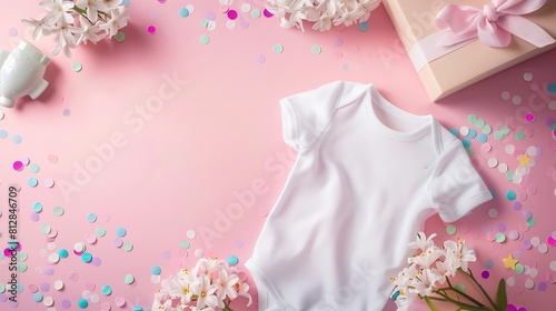 Baby girl shower mockup background Flat lay composition layout with baby girl bodysuit ceramic nipple or babys dummy gift box and confetti and hyacinth flowers with copy space on pink  : Generative AI photo