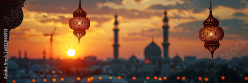 sunset silhouette mosque tower against a blue sky, with hanging lanterns adding a touch of ambiance to the scene