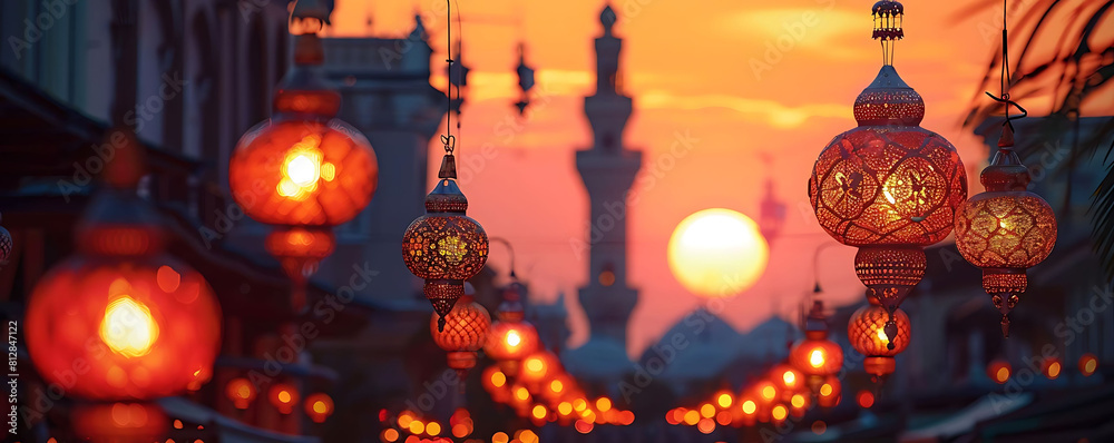 sunset silhouette mosque tower illuminated by lanterns, with a building in the foreground sunset silhouette mosque tower illuminated by lanterns, with a building in the foreground