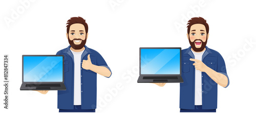 Handsome man in casual clothes showing pointing to blank screen laptop computer different posing isolated vector illustration