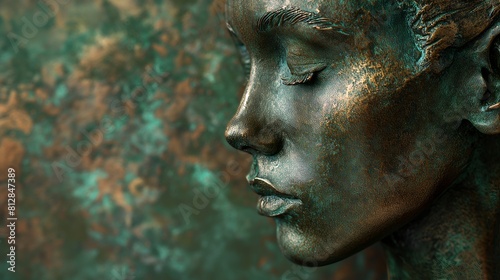 Close-up of a bronze sculpture showing a womans face with verdigris patina © Constantine Art