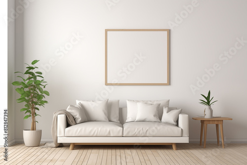 Living room with a black and white framed picture on the wall. The room is sparsely decorated.