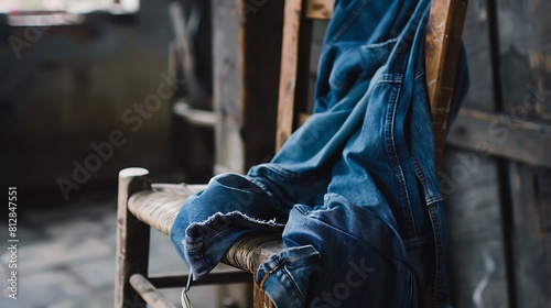 Deep blue denim jeans draped over a rustic wooden chair, casual and timeless.