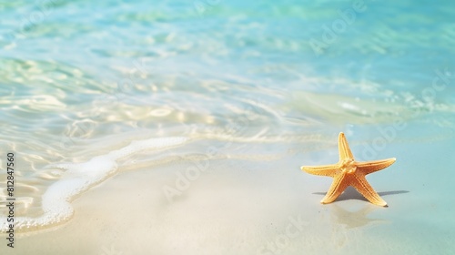 Starfish on the sand beach in clear sea water Summer background Summer time Copy space Relaxing on the beach : Generative AI