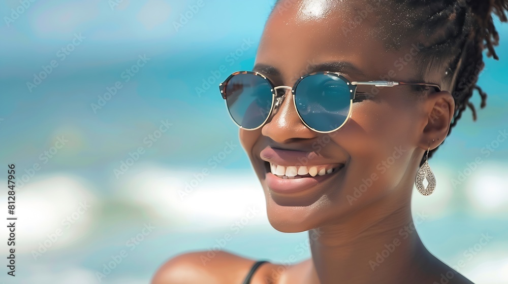 Portrait of smiling black woman wearing fashion sunglasses at the beach with copy space Pretty african american girl wearing specs at the seaside during summer vacation Beautiful young : Generative AI Portrait of smiling black woman wearing fashion sunglasses at the beach with copy space Pretty african american girl wearing specs at the seaside during summer vacation Beautiful young : Generative AI