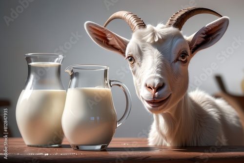 cute goat looking at fresh milk in a glass
