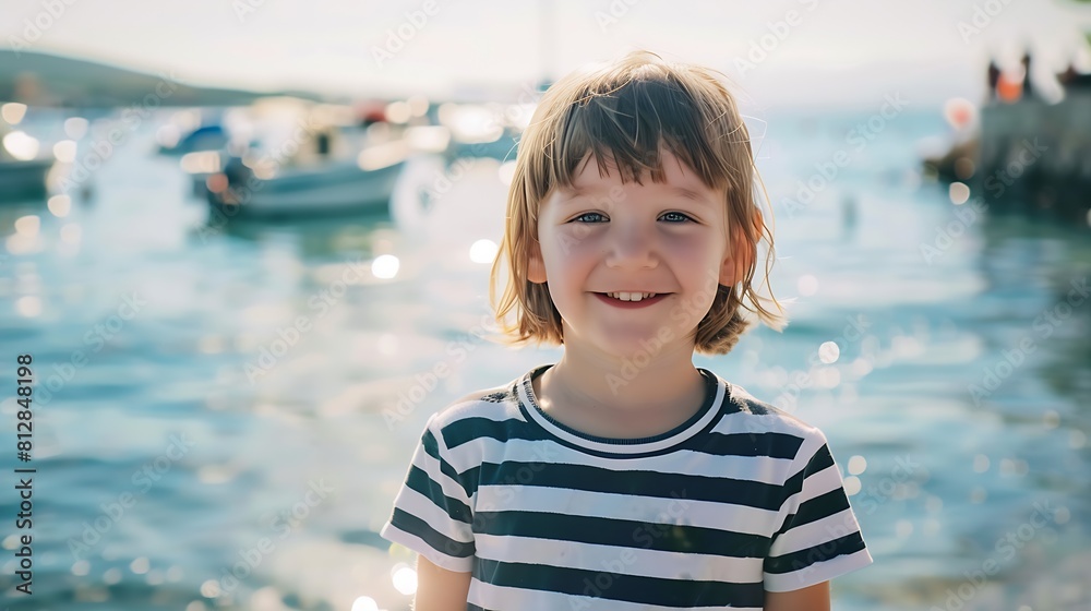Cheerful young child in a striped tshirt smiles at the camera with the sea and boats in the background during summer vacation : Generative AI