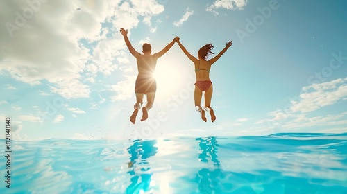Happy couple having fun on summer vacation People jumping in swimming pool against blue sky background Active holiday concept Spring break : Generative AI