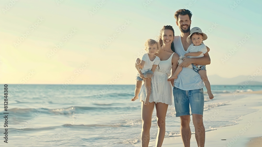 Happy family on the beach during european vacation : Generative AI