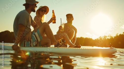 Friends drinking beer on a summer vacation on the lake paddleboard : Generative AI photo