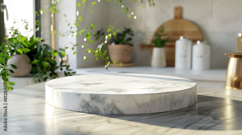 Fototapeta premium Marble podium on kitchen table with space for product display : Generative AI