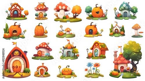 Whimsical Autumnal Fairy Tale Landscape with Mushroom Houses and Pumpkin Decor