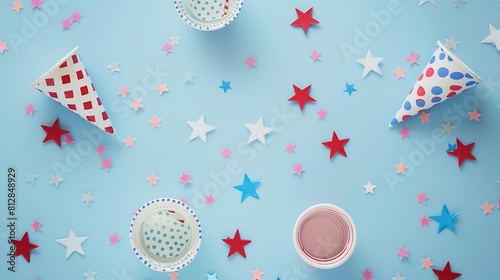4th of July American Independence Day decorations on pastel blue background Flat lay top view copy space : Generative AI
