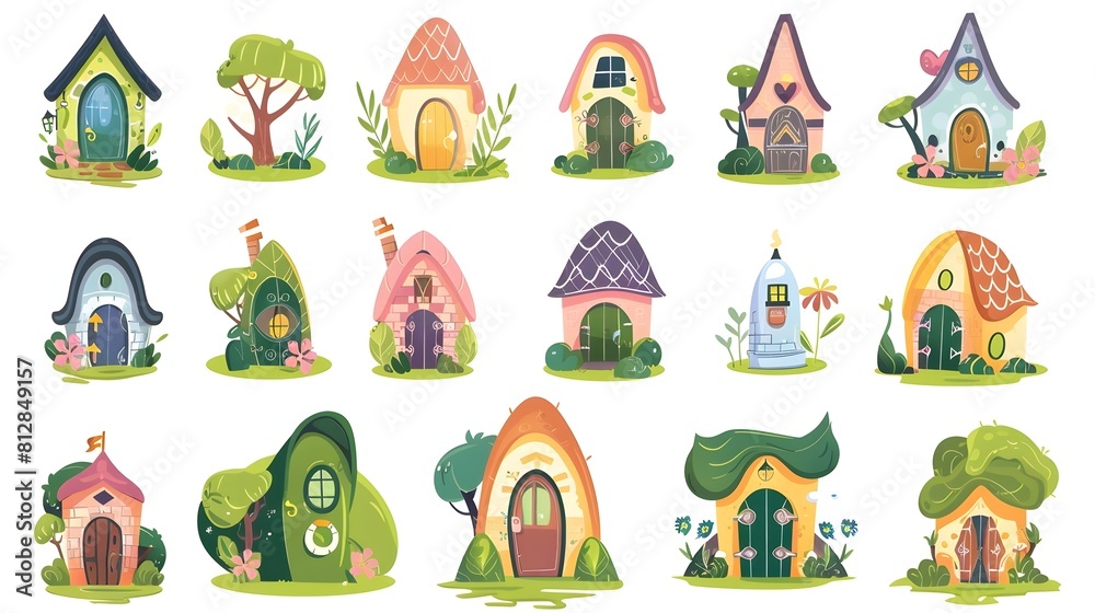 Obraz premium Whimsical Fairytale Cottages and Mushroom Homes in Enchanting Woodland Landscapes
