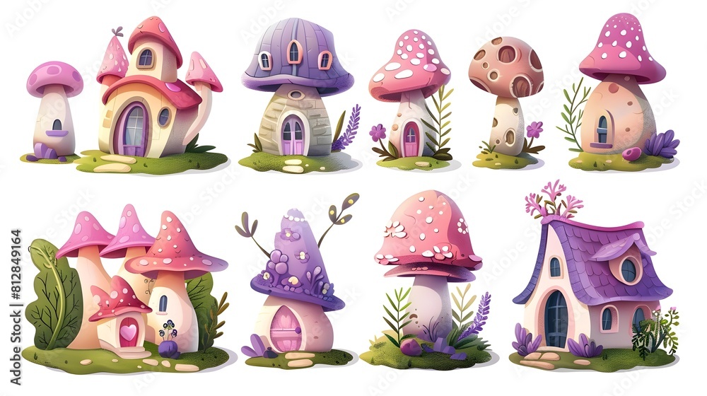 Obraz premium Whimsical Fairytale Mushroom Cottages in Enchanted Forest Landscape