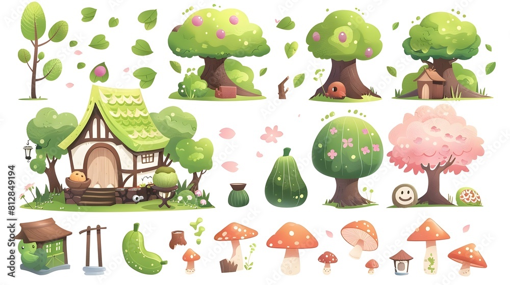 Whimsical Fantasy Forest Landscape with Mushroom Houses and Enchanted Nature Elements