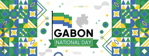 Gabon national or independence day banner for country celebration. Flag and map of Gabon Modern retro design with typorgaphy abstract geometric icons.