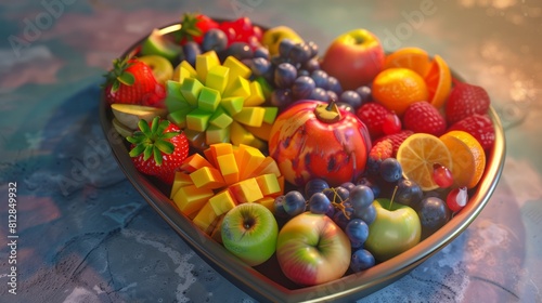 A vibrant heart-shaped platter filled with fresh fruits and vegetables for a colorful and healthy snack or meal. Perfect for those who prioritize nutrition and wellness. AI Generative.