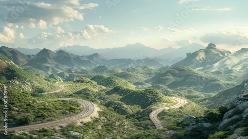 A winding road in the mountains. AI technology generated image hyper realistic 