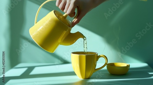 Womans hand pour tea from yellow jug in a cup minimalist on a green table Hot healthy drink mint tea in a yellowcolored cup : Generative AI photo