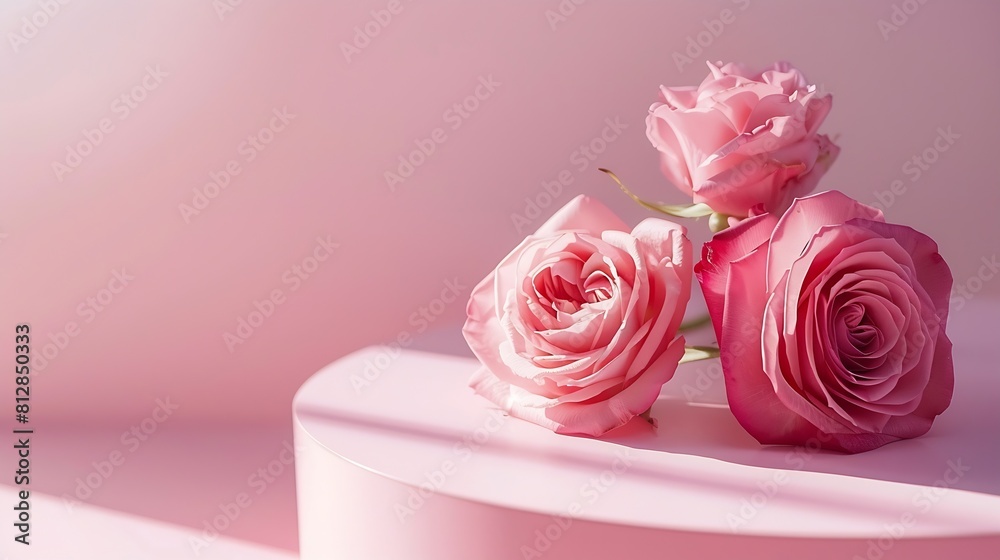 Blank podium with pink roses on pink background Showcase for product perfume jewelry and cosmetic presentation : Generative AI Blank podium with pink roses on pink background Showcase for product perfume jewelry and cosmetic presentation : Generative AI