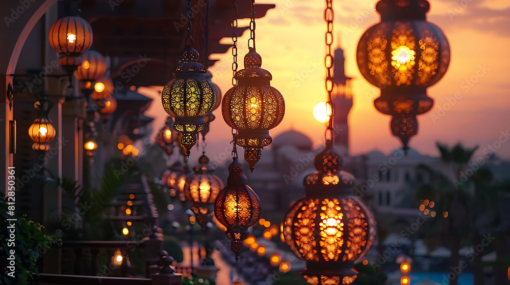 twilight ramadan lanterns illuminate the night sky above a white building, with a hanging lantern adding a touch of elegance to the scene twilight ramadan lanterns illuminate the night sky above a white building, with a hanging lantern adding a touch of elegance to the scene