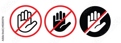 Hand palm stop sign icon.  No entry. Black arm in a red crossed circle. Stop hand symbol for prohibited activities.