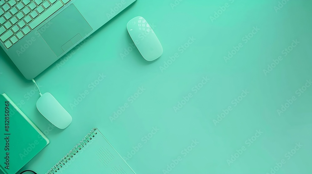 Minimal work space Creative flat lay photo of workspace desk Top view office desk with keyboard mouse and book on pastel green color background Top view with copy space flat lay photo : Generative AI Minimal work space Creative flat lay photo of workspace desk Top view office desk with keyboard mouse and book on pastel green color background Top view with copy space flat lay photo : Generative AI