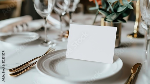 Mockup white blank space card for greeting table number wedding invitation template on wedding table setting background with clipping path : Generative AI photo
