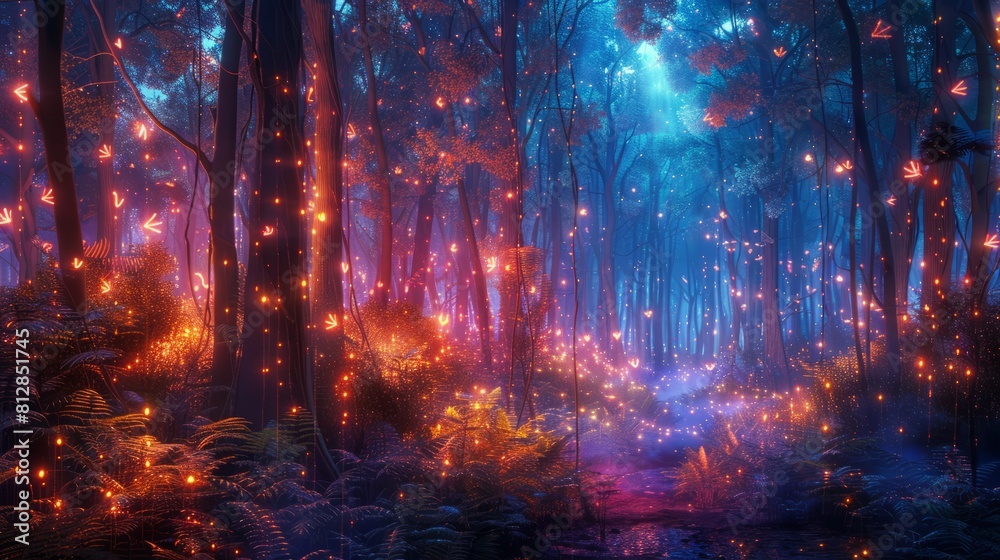 Abstract landscape. Colorful art fantasy landscape with a forest and glowing lights. Background illustration. Digital art image. hyper realistic 