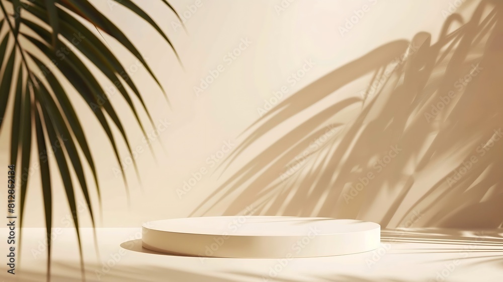 Minimal abstract background for the presentation of a cosmetic product Premium podium with a shadow of tropical palm leaves on a beige wall and white table Showcase display case Banner : Generative AI