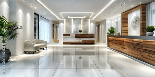 Contemporary Hotel Lobby featuring White Walls  Tiled Floor  and Wooden Reception Counter. Concept Hotel Lobby  Contemporary Design  White Walls  Tiled Floor  Wooden Reception Counter