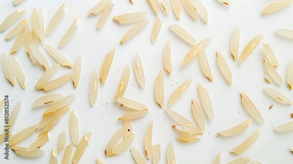 Creative layout made of basmati rice on white background Flat lay Food concept Macro concept : Generative AI Creative layout made of basmati rice on white background Flat lay Food concept Macro concept : Generative AI