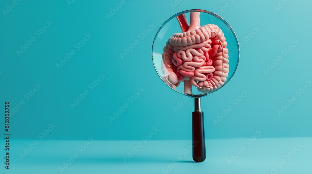 Mockup of a human with internal organs and red intestines under a magnifying glass on a blue background Intestinal diseases concept ulcerative colitis and intestinal ulcer appendicitis : Generative AI Mockup of a human with internal organs and red intestines under a magnifying glass on a blue background Intestinal diseases concept ulcerative colitis and intestinal ulcer appendicitis : Generative AI