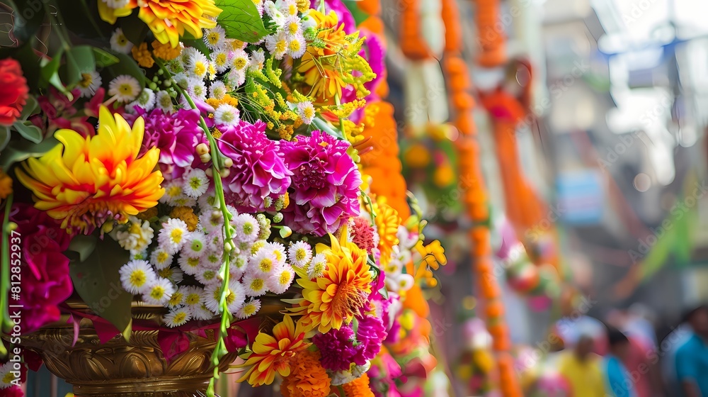 A traditional baggi adorned with a lavish display of flowers in vivid colors, symbolizing love and happiness as it awaits the celebratory procession