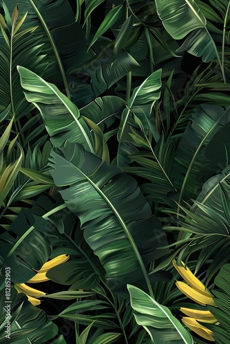 background of tropical leaves and flowers. Selective focus