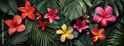 background of tropical leaves and flowers. Selective focus