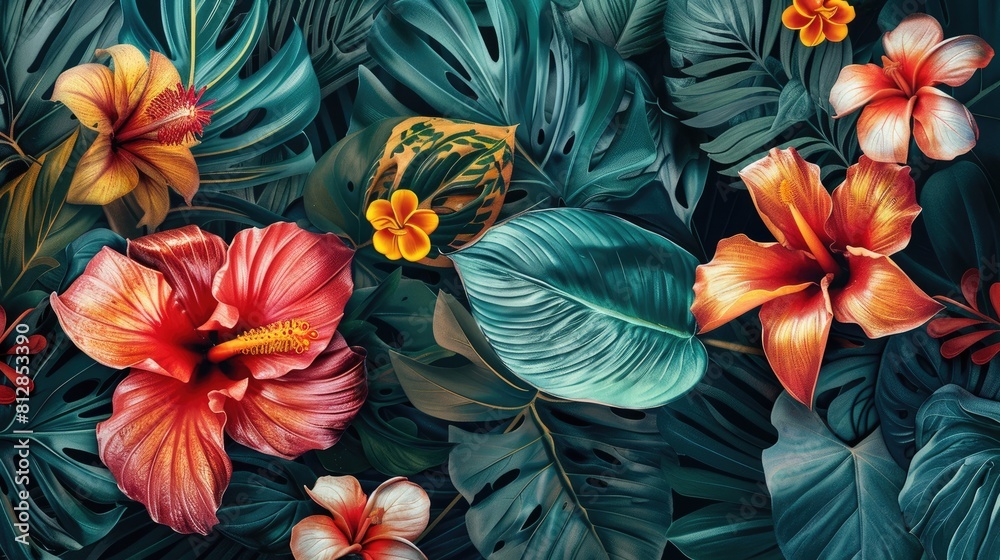background of tropical leaves and flowers. Selective focus