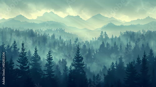 Misty Morning in Old Growth Forest: A Mystical and Ancient Flat Design Illustration Enhancing the Mysterious Allure of Nature