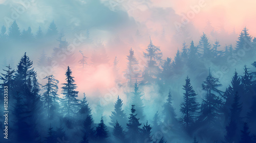 Misty Morning: Enhancing the Mysterious Aura of an Old Growth Forest with Flat Design Backdrop Concept   Adobe Stock © Gohgah