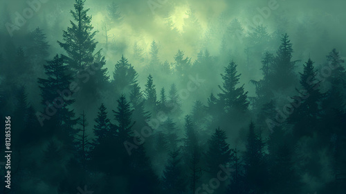 Misty Morning  Enhanced Beauty of Ancient Old Growth Forest in Flat Design Backdrop   A Mystical and Mysterious Concept