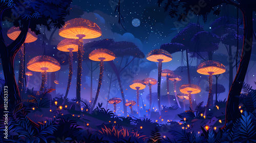 Flat Design Backdrop Night in the Tropical Rainforest Concept as Nightfall Reveals Mysterious and Vibrant Bio luminescent Life, Illustration © Gohgah