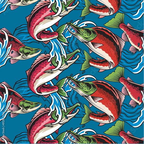 Vector Illustration of Sockeye Salmon and Waves with Vintage Illustration Available for Pattern