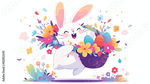 Cute cartoon Easter rabbit jumps with flower garlan