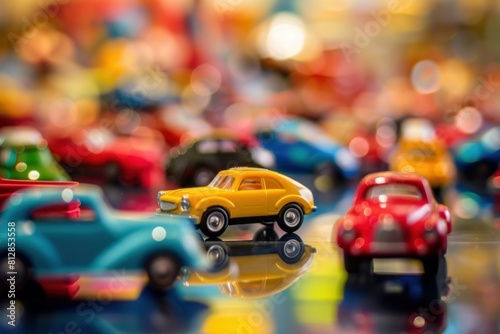 Vibrant scene of assorted miniature toy cars with a yellow car in sharp focus