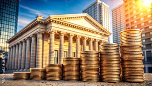 Coins with Bank or Financial Institution: A photo showing coins positioned near a bank or financial institution building, symbolizing banking services, savings, and investments.	
 photo