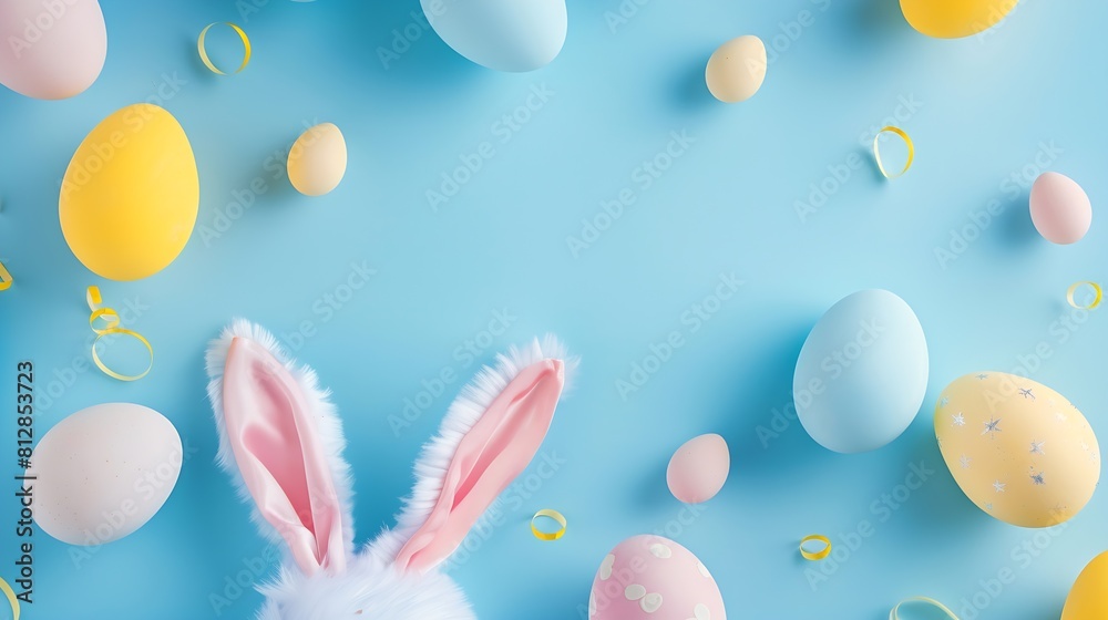 Easter party concept Top view photo of easter bunny ears white pink blue and yellow eggs on isolated pastel blue background with copyspace in the middle : Generative AI Easter party concept Top view photo of easter bunny ears white pink blue and yellow eggs on isolated pastel blue background with copyspace in the middle : Generative AI