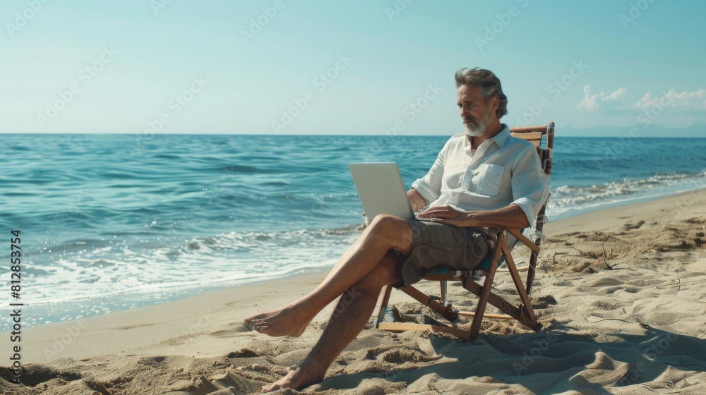Man Working on Laptop at Beach