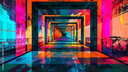 Digital artwork featuring geometric patterns in neon colors  perfect for adding a pop of vibrancy to any setting.